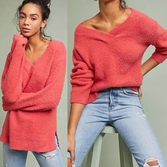 Anthropologie V Neck Clayton Sweater L Wool Alpaca Blend Fuzzy Oversized Chunky - Picture 1 of 16